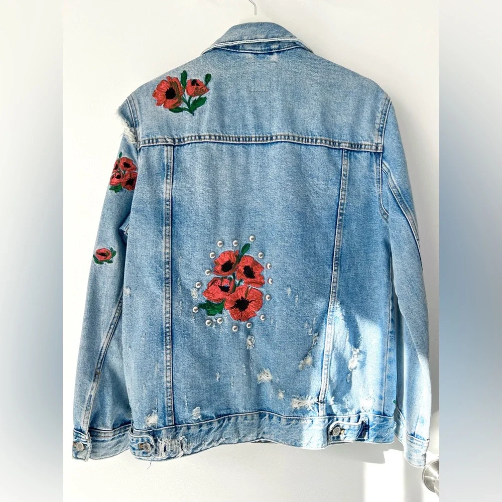 ZARA Trafaluc Denim Jacket – Embroidered Floral, Distressed, Rare! - Picture 7 of 8